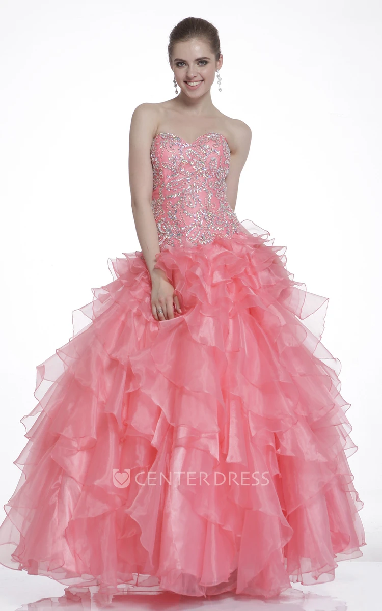 Ball Gown Ankle-Length Sweetheart Organza Lace-Up Dress With Ruffles And Beading