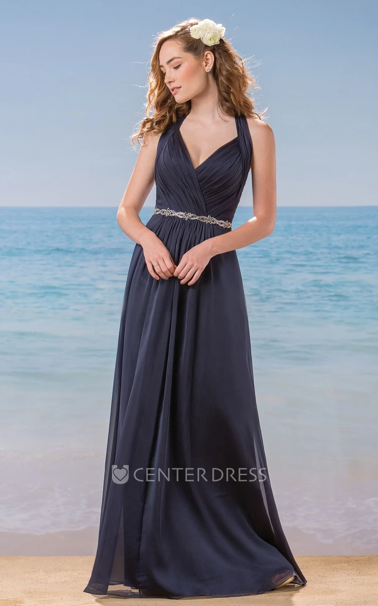 Halter Long Bridesmaid Dress With Pleats And Keyhole Back