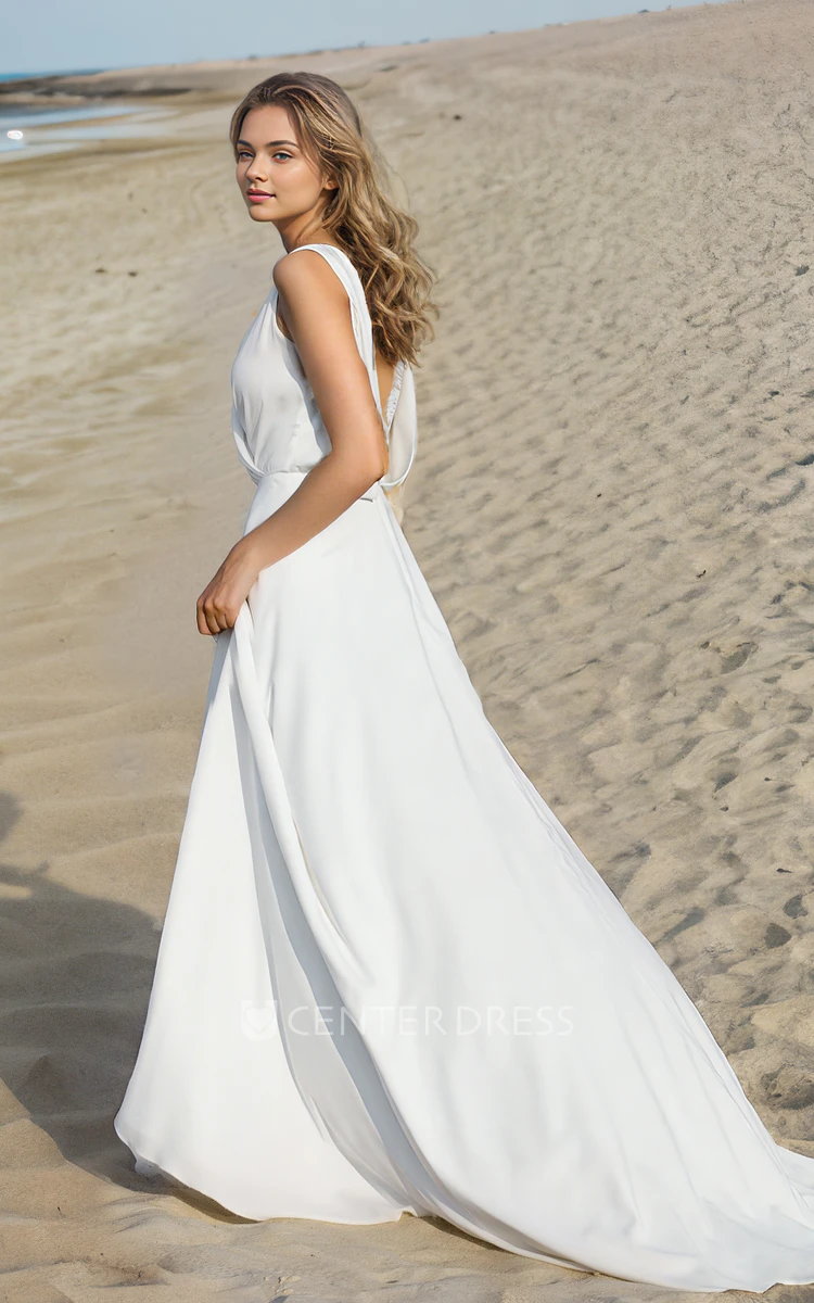 Modest Elegant Boho A-Line Lace Wedding Dress Wrap Flowy Fantasy Sleeveless V-Neck Low Back Chiffon Bridal Gown