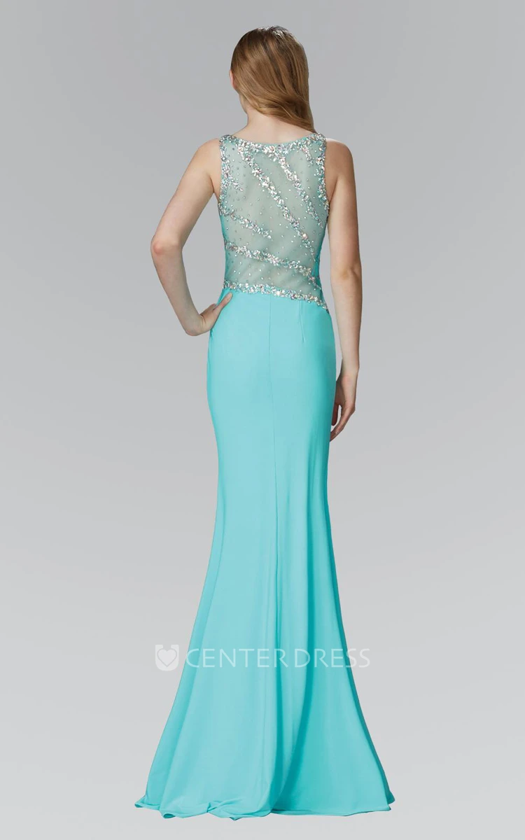 Sheath Scoop-Neck Sleeveless Jersey Dress With Beading And Split Front