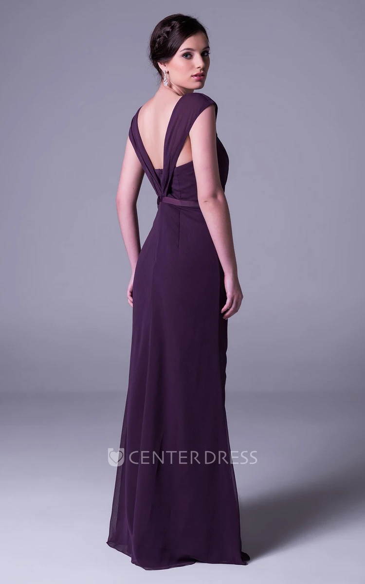 Side-Draped Square Neck Cap Sleeve Chiffon Bridesmaid Dress With Straps