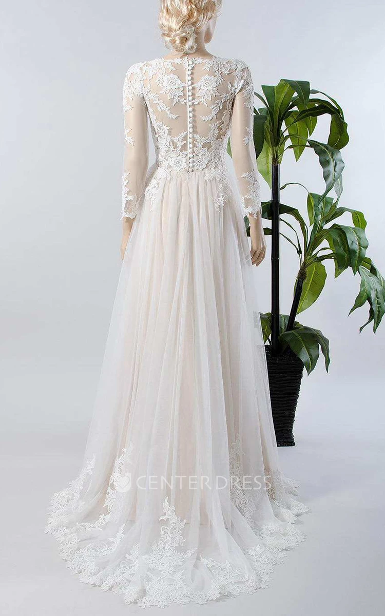 V-Neck Illusion Long Sleeve Lace Appliqued Tulle A-Line Pleated Wedding Dress