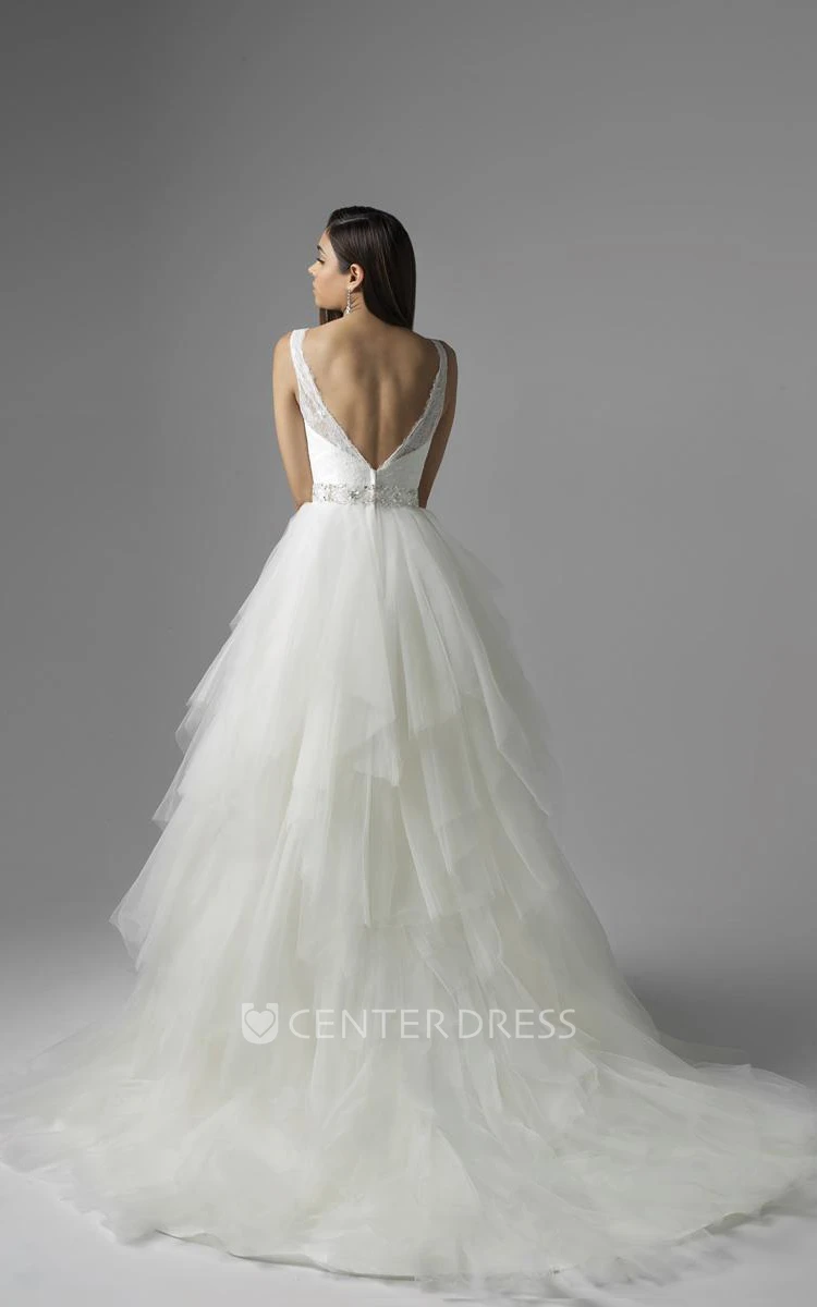 A-Line V-Neck Sleeveless Cascading-Ruffle Long Tulle&Lace Wedding Dress With Waist Jewellery And Deep-V Back