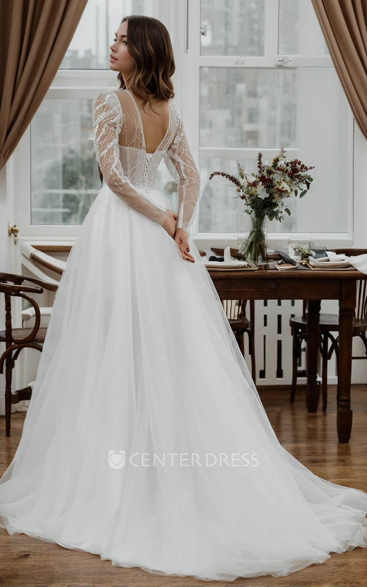 Romantic Vintage Sweetheart Neck A-Line Bodycon Tulle Sequins Lace Wedding Dress Adorable Petite Reception Floor-length Long Sleeve Split Front Corset Back Bridal Gown with Train