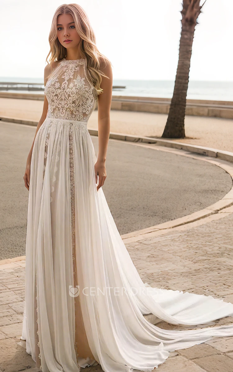 Vintage Boho Beach A-Line Lace Wedding Dress Floral Sexy Modern Sleeveless Jewel Neck Bridal Gown with Train