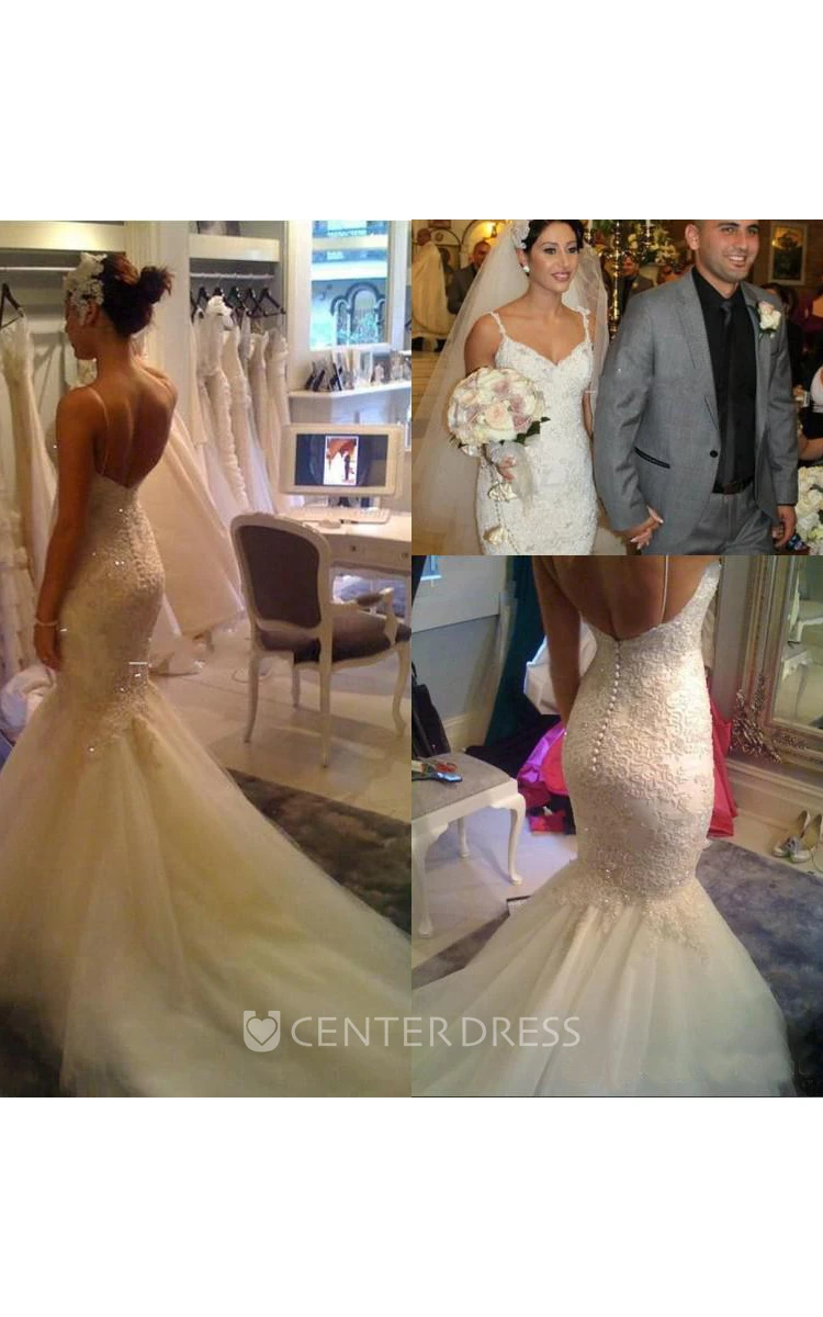 Mermaid Trumpet Spaghetti Lace Tulle Deep-V Back Wedding Gown