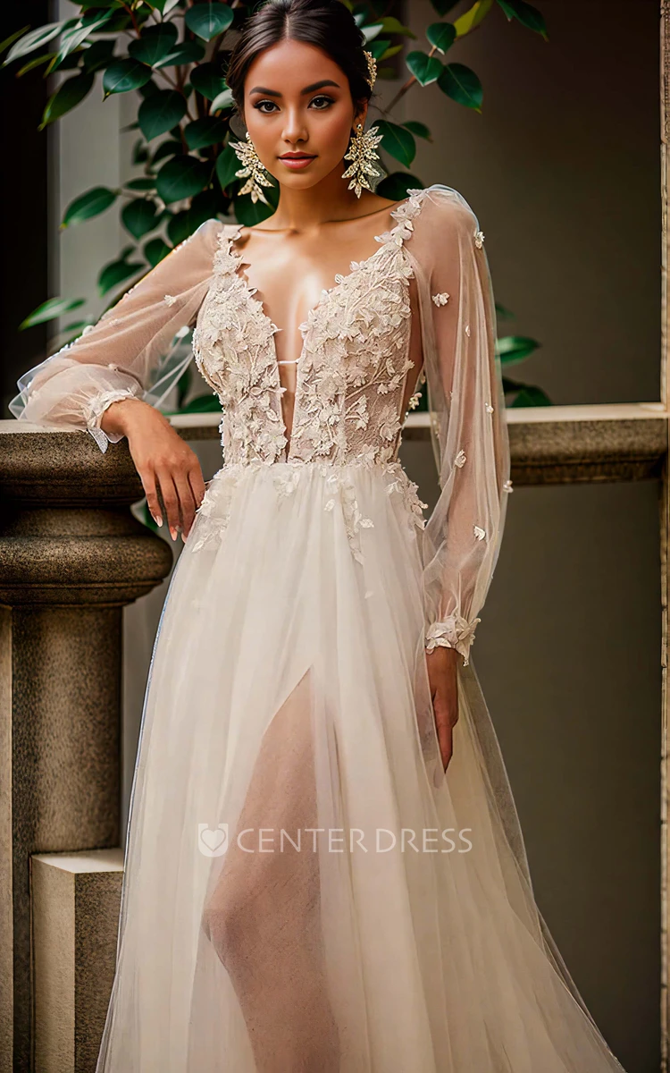 Ethereal Romantic Long Sleeve Plunging Neckline A-Line Lace Appliques Tulle Wedding Dress Sexy Elegant Floor-length Spaghetti Deep-V Back Bridal Gown