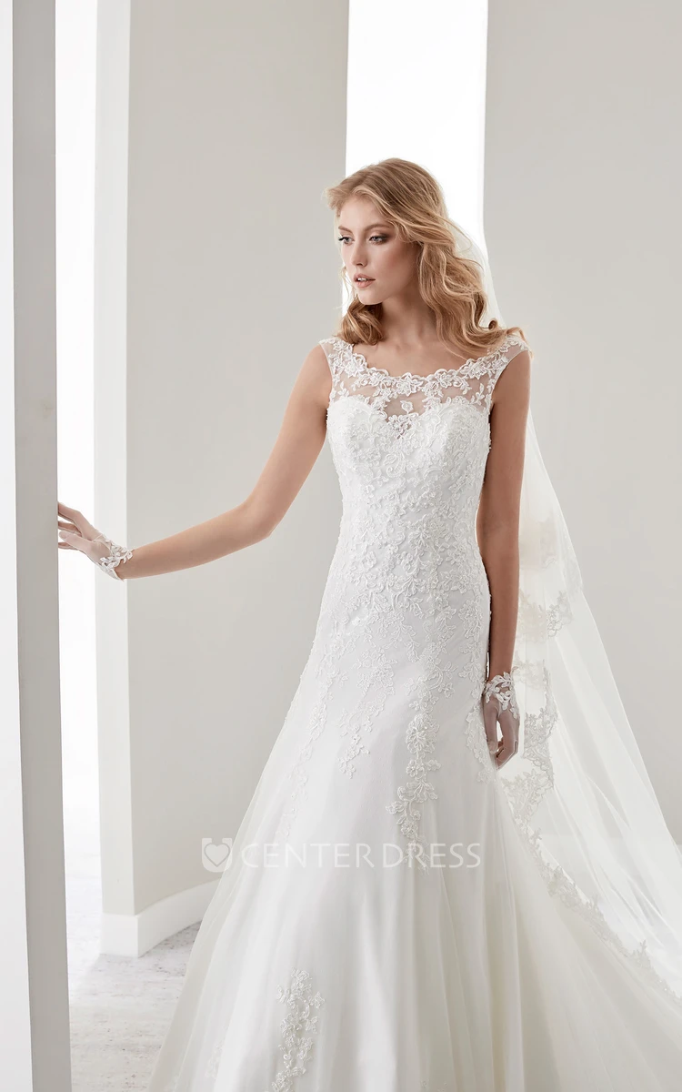 Scooped-Neck Brush-Train Lace Gown With Cap Sleeves And Illusive Neckline And Back