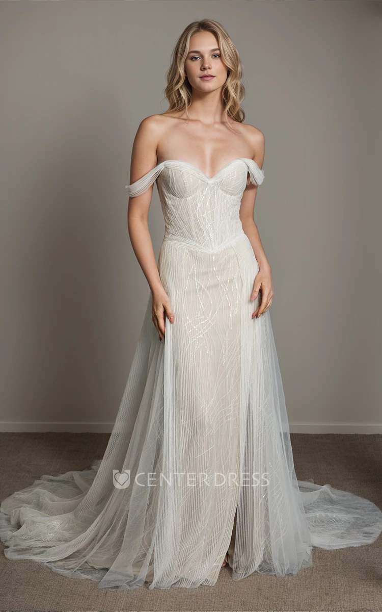 Romantic Elegant Sheath Off-the-shoulder V-neck Pleats Tulle Split Front Wedding Dress Sexy Modern Floor-length Court Train Sleeveless Zipper Low-V Back Bridal Gown