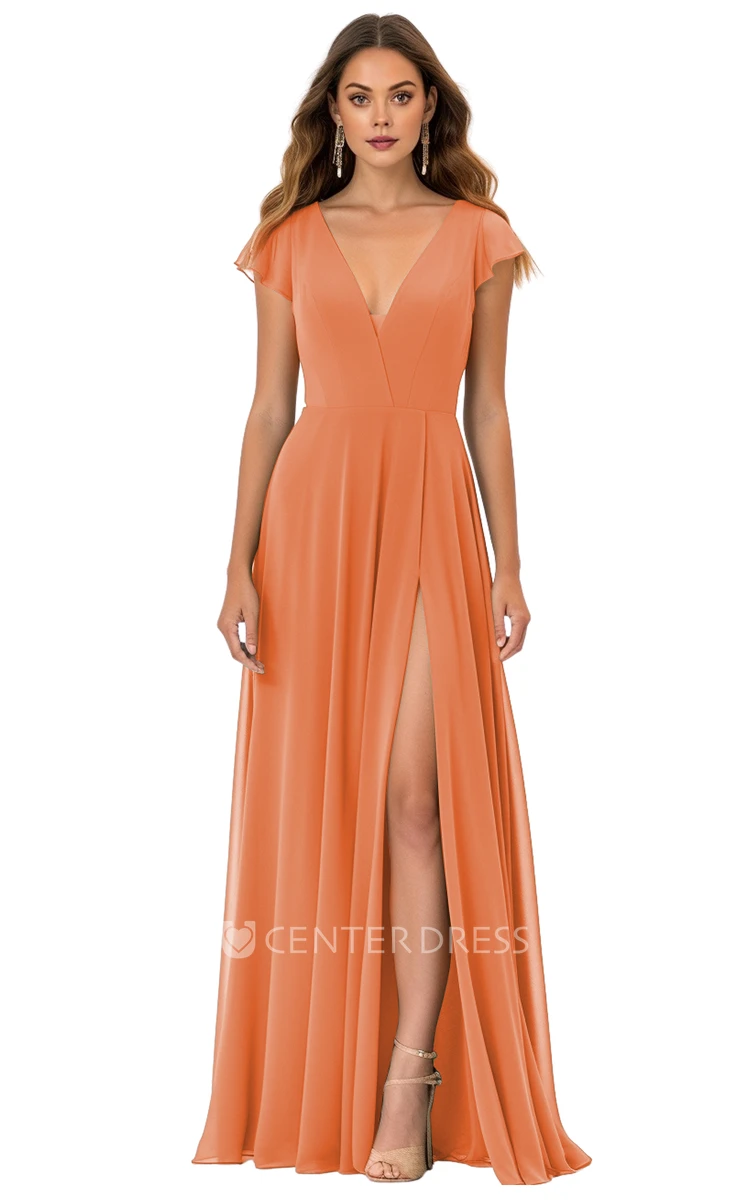 Modest A-Line Chiffon Bridesmaid Dress with V-neck and Split Front Simple and Elegant