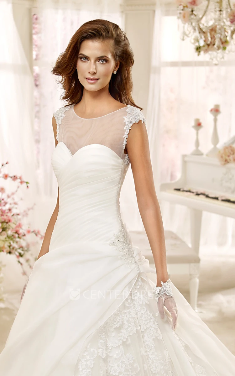 Jewel-neck Cap-sleeve A-line Wedding Dress with Asymmetrical Ruching and Illusive Design