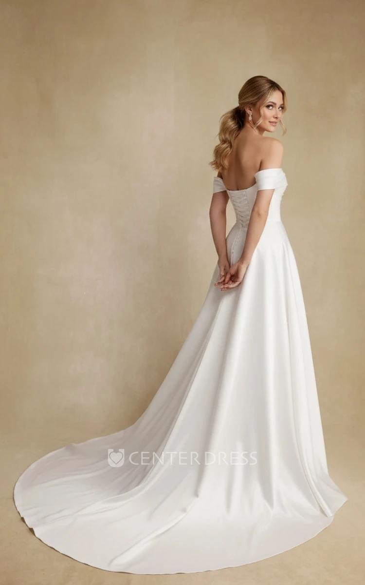 Classic Simple A-Line Off the Shoulder Spring Wedding Dress Modest Asymmetrical Drapery Long Train Bridal Gown