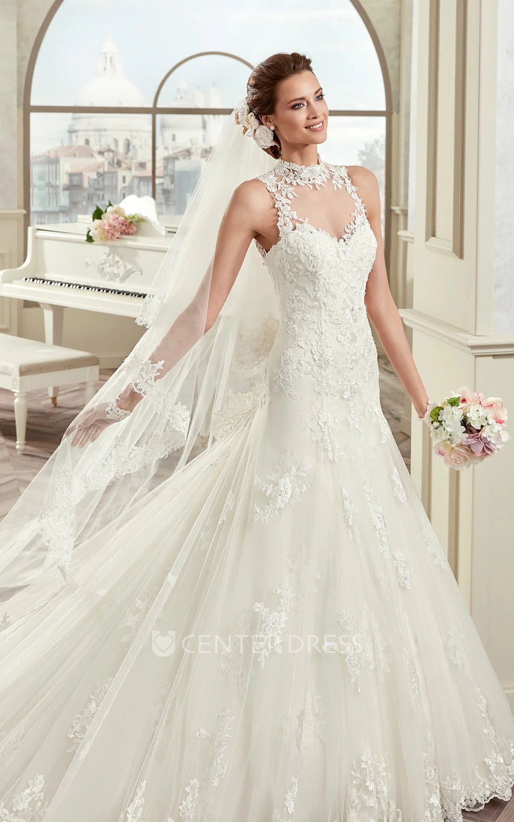 High-Neck Sheath Lace Bridal Gown With Illusive Design And Open Back