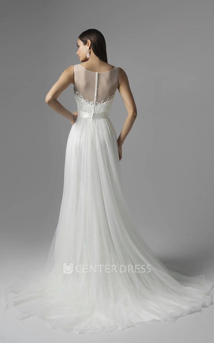 A-Line Scoop Appliqued Sleeveless Floor-Length Tulle Wedding Dress With Waist Jewellery And Pleats