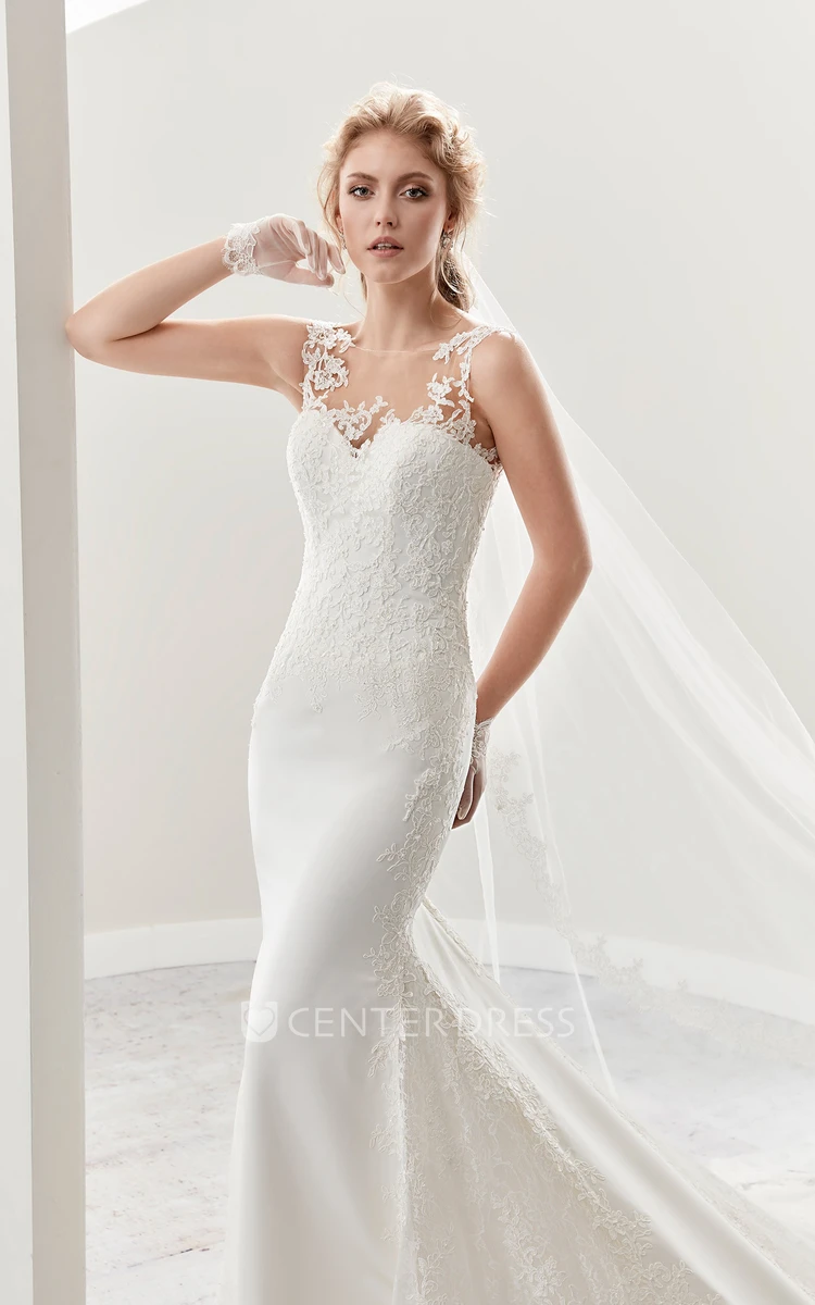 Illusion Cap Sleeve Sheath Lace Bridal Gown With Appliques And Open Back