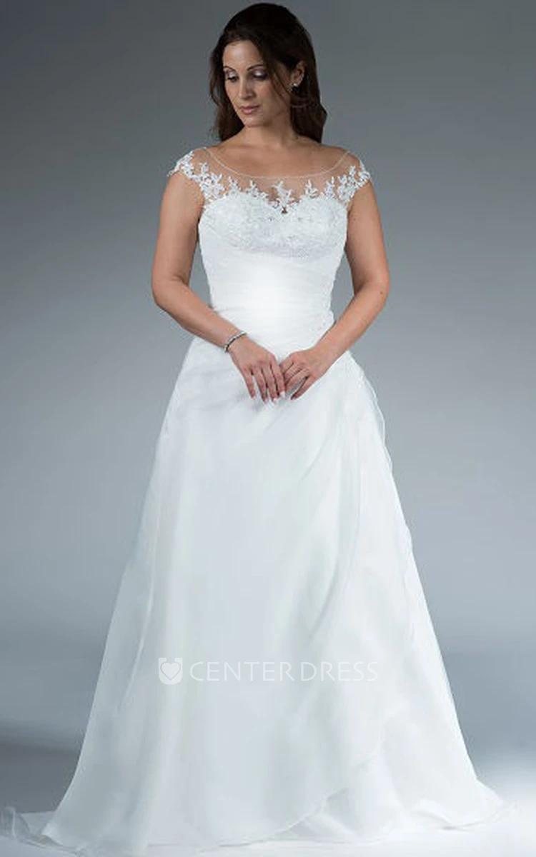 Jewel Neckline Cap Sleeve Side Drap Organza Gown With Appliques