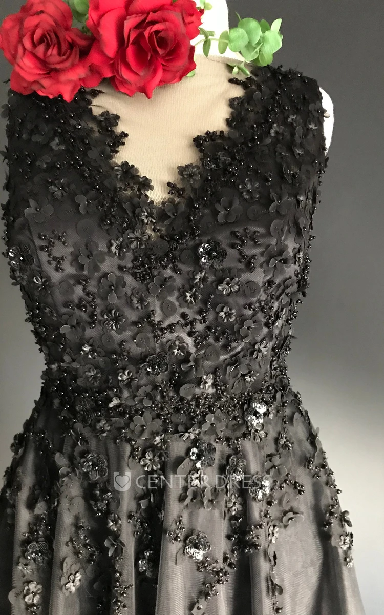 Sheath Sleeveless Floor-length V-neck Zipper Deep-V Back Appliques Lace Sequins Black Wedding Dress