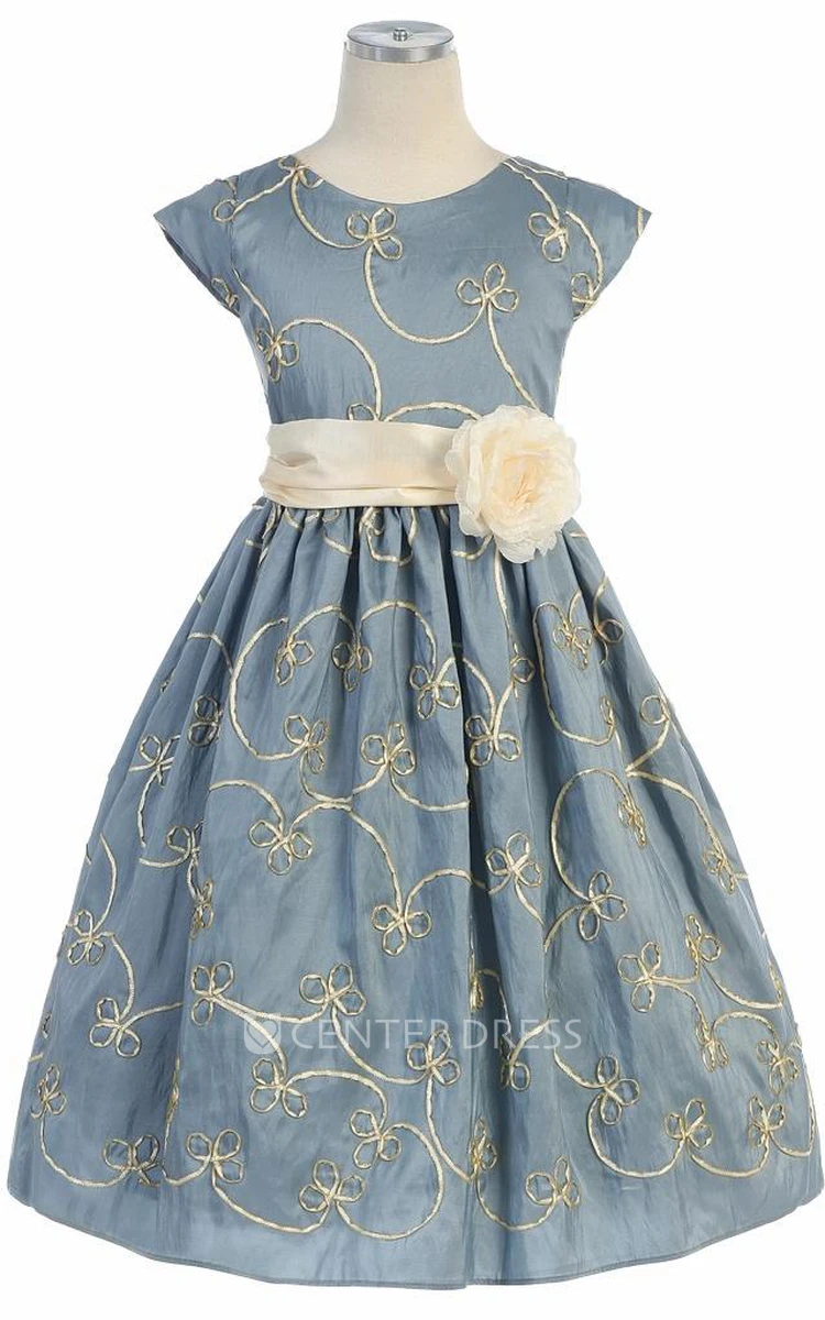 Tea-Length Floral Bowed Cap-Sleeve Taffeta Flower Girl Dress With Embroidery