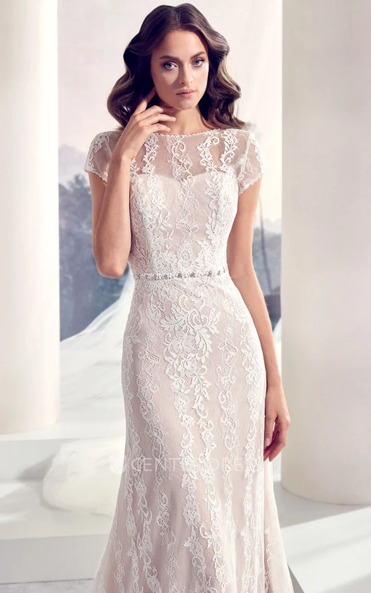 Floor-Length Scoop Jeweled Cap-Sleeve Lace Wedding Dress With Brush Train And V Back