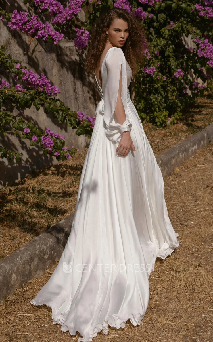 Sexy Satin Deep V Floor Wedding Dress with Long Sleeve
