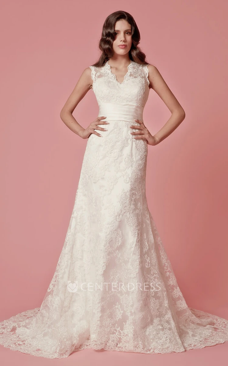 Sleeveless A-Line Lace Wedding Dress With Scalloped Neckline