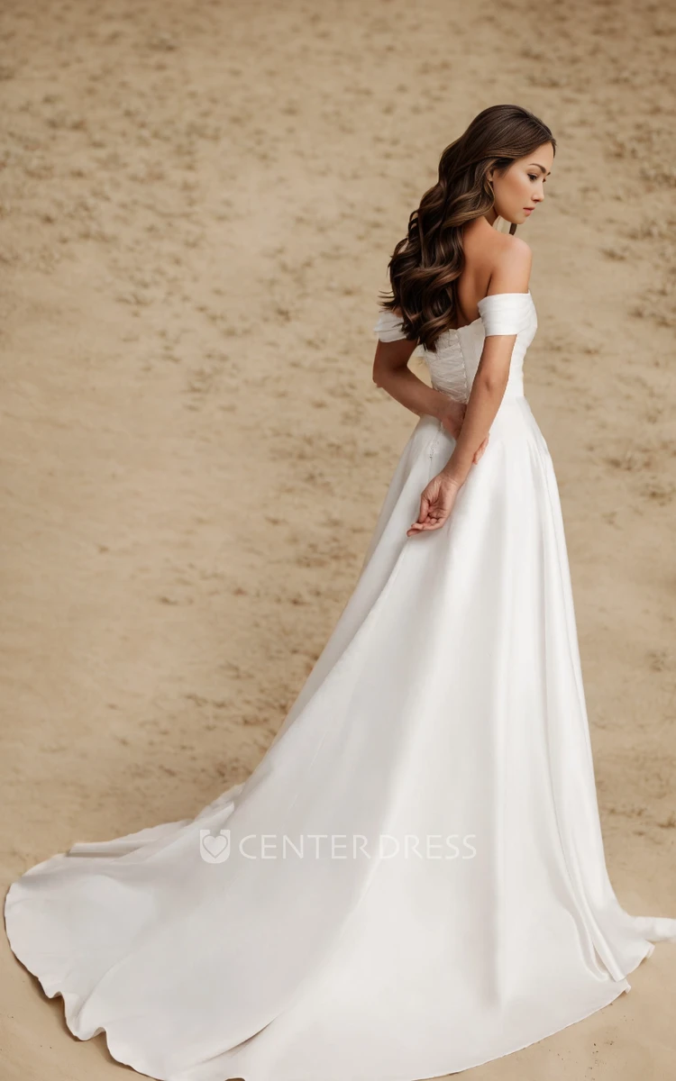 Classic Simple A-Line Off the Shoulder Wedding Dress Summer Modest Asymmetrical Drapery Long Train Bridal Gown
