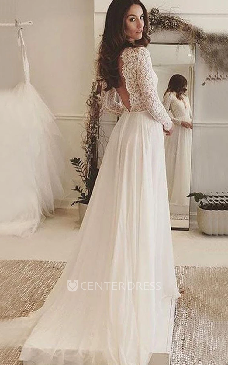 A Line V-neck Chiffon Lace Backless Wedding Gown