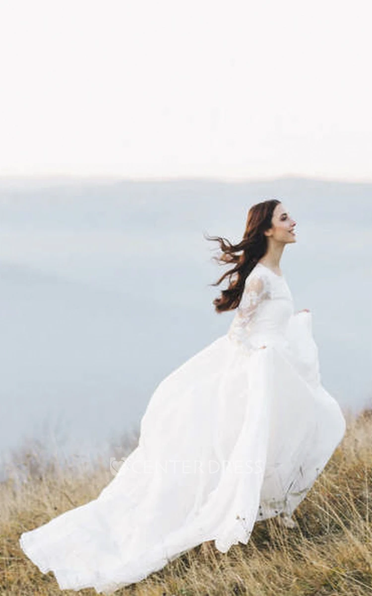 Chiffon Long Sleeve And Court Train Illusion Wedding Dress With Deep V-back
