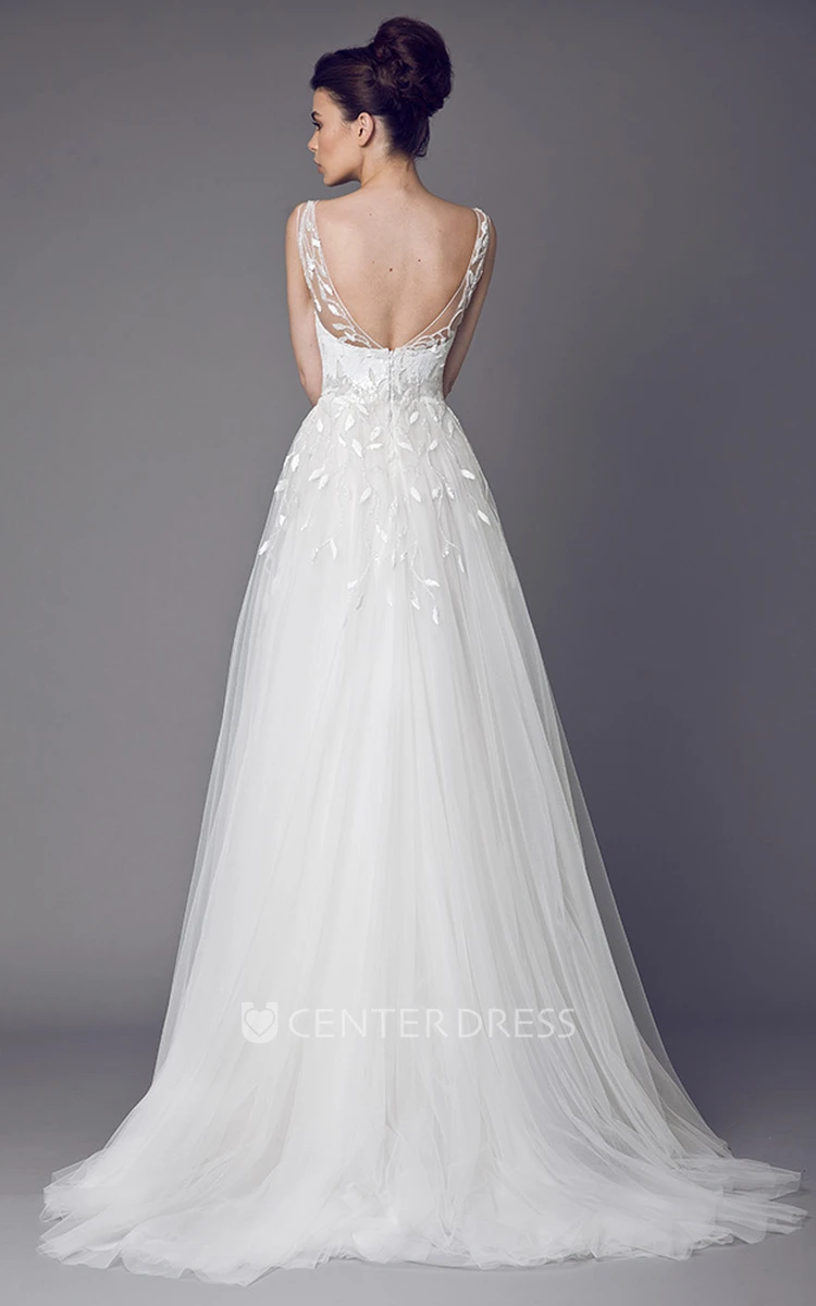 Bateau Maxi Appliqued Tulle Wedding Dress With Sweep Train And V Back