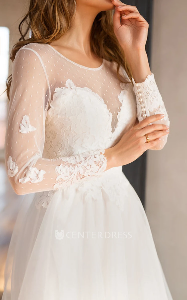 A Line Long Sleeve Lace Tulle Elegant Button Illusion Wedding Dress with Beading
