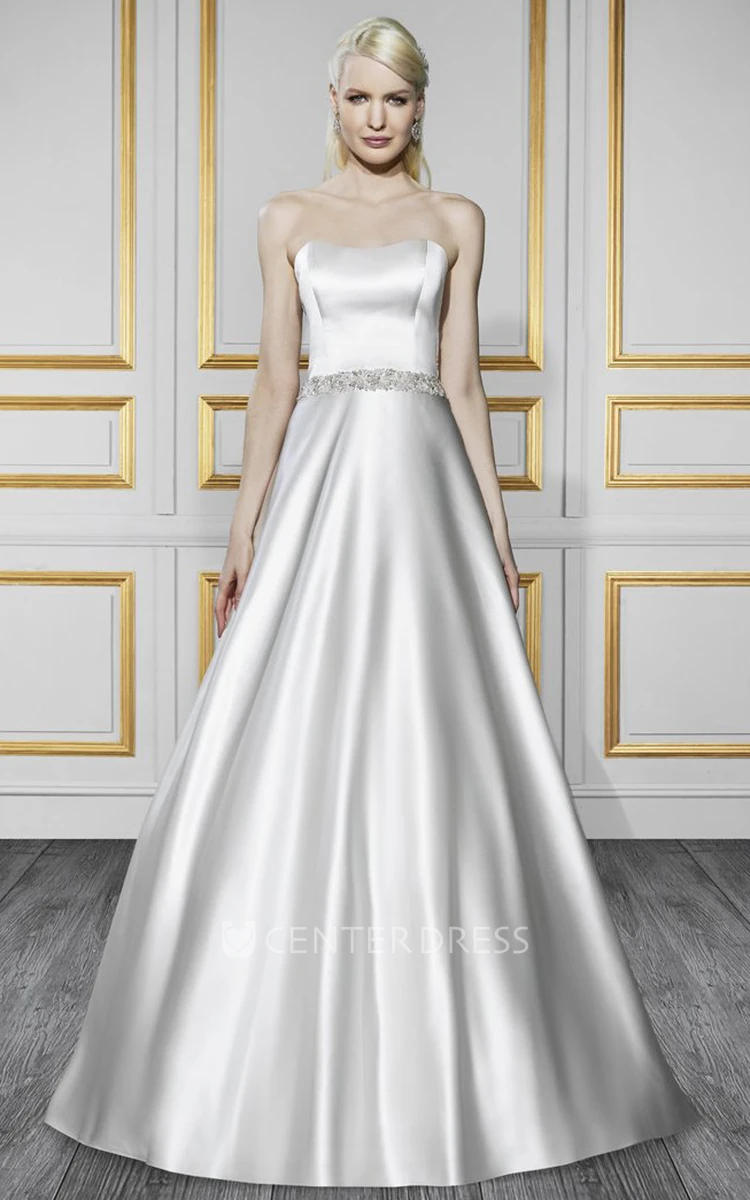 A-Line Sleeveless Strapless Floor-Length Jeweled Satin Wedding Dress With Bow And Backless Style