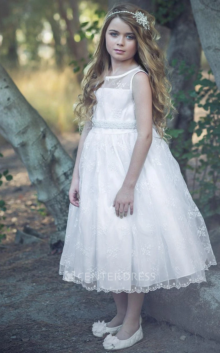 Tea-Length Floral Beaded Lace&Organza Flower Girl Dress With Illusion