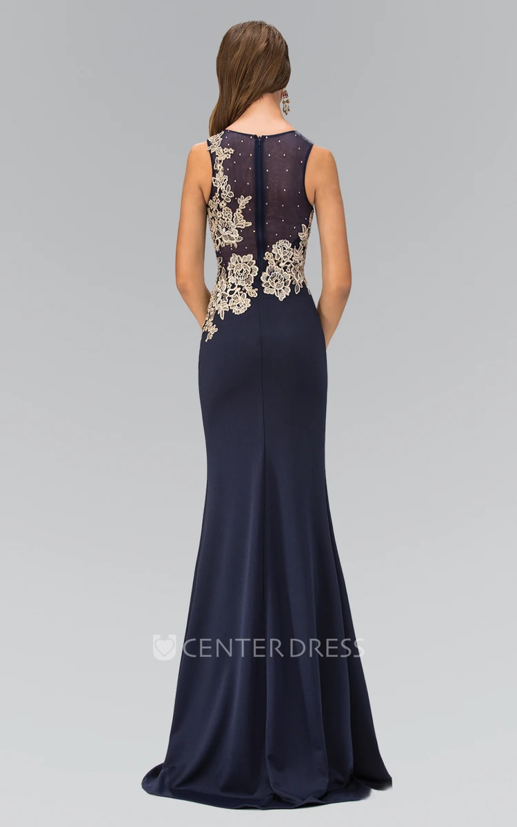 Sheath Long Scoop-Neck Sleeveless Jersey Illusion Dress With Appliques