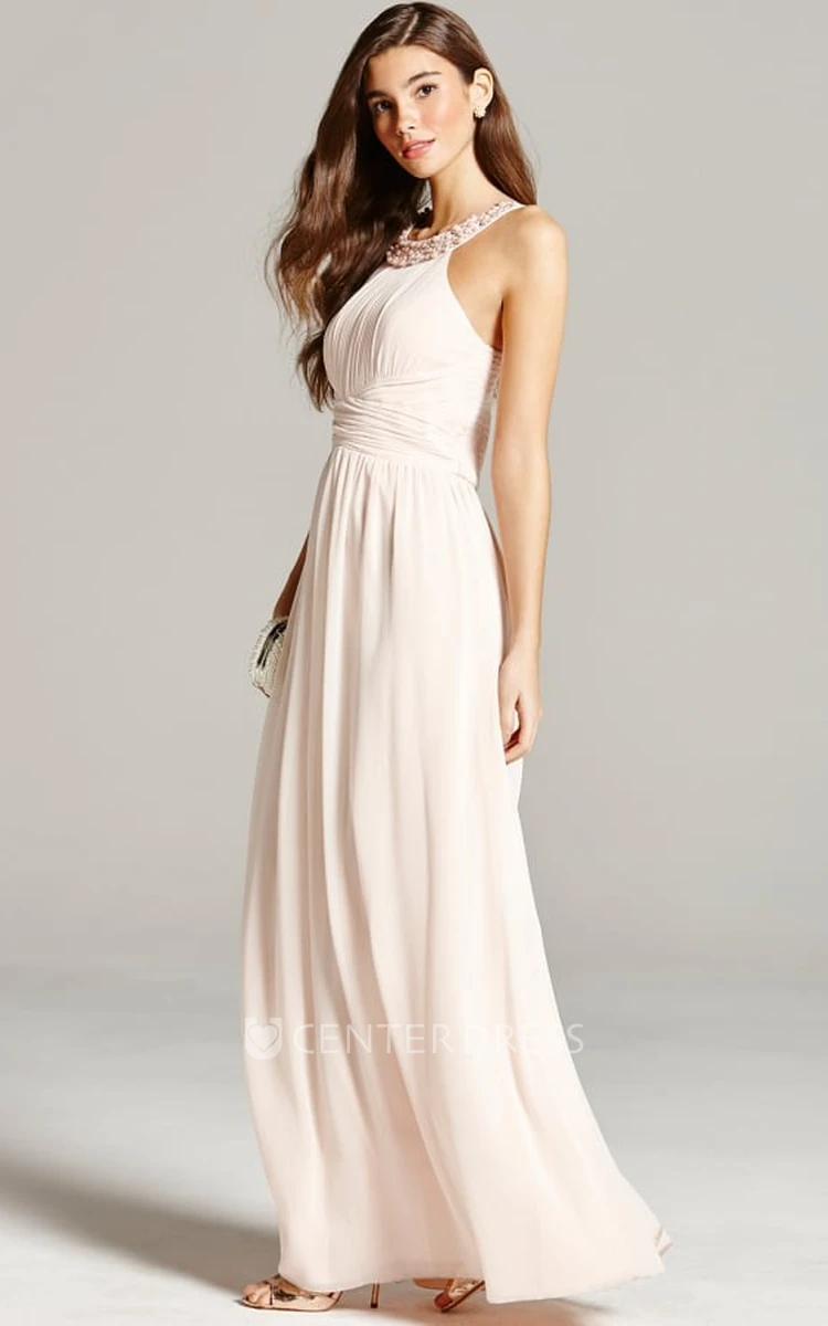 Sleeveless Ruched Scoop Neck Chiffon Bridesmaid Dress With Straps