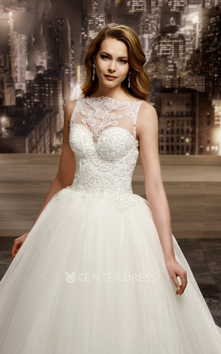 Cap Sleeve A-Line Jewel-Neck Bridal Gown With Lace Corset And Brush Train