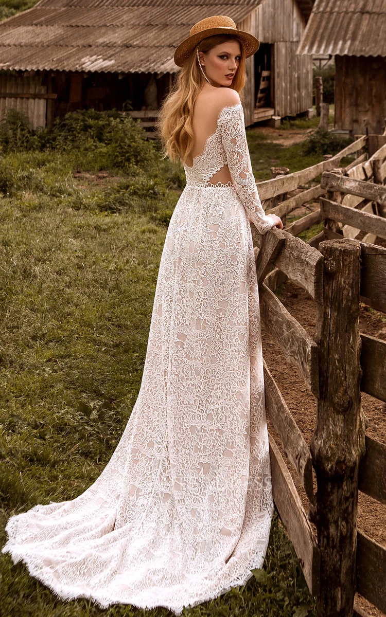 Elegant Lace A-Line Beach Wedding Dress with V-neck and Long Sleeve Lace A-Line Elegant Beach V-neck Long Sleeve Wedding Dress
