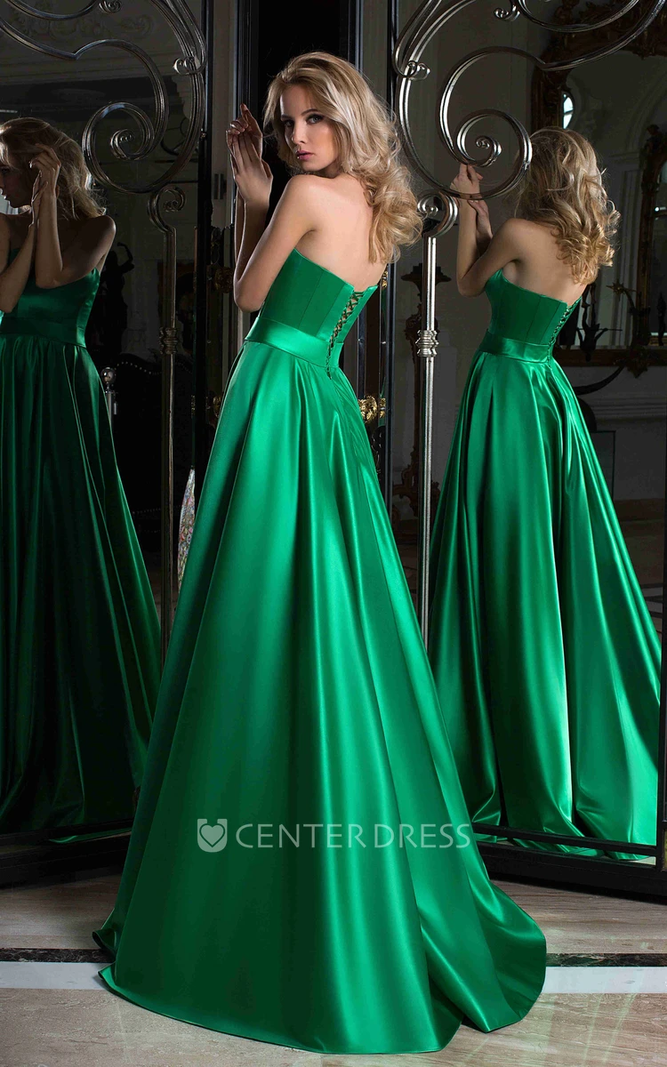 A-Line Floor-Length Sweetheart Sleeveless Satin Lace-Up Corset Back Dress