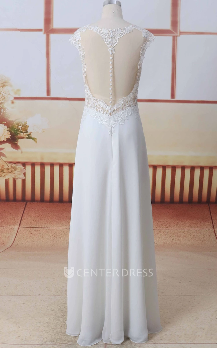 Cap Sleeve A-line Wedding Dress In Scoop Neck Front Split Lace Chiffon With Illusion Button Back