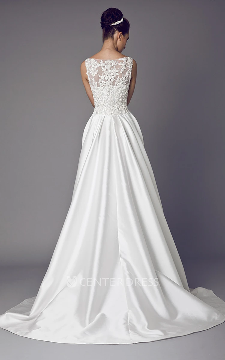 Long Bateau Appliqued Satin Wedding Dress With Sweep Train And Illusion