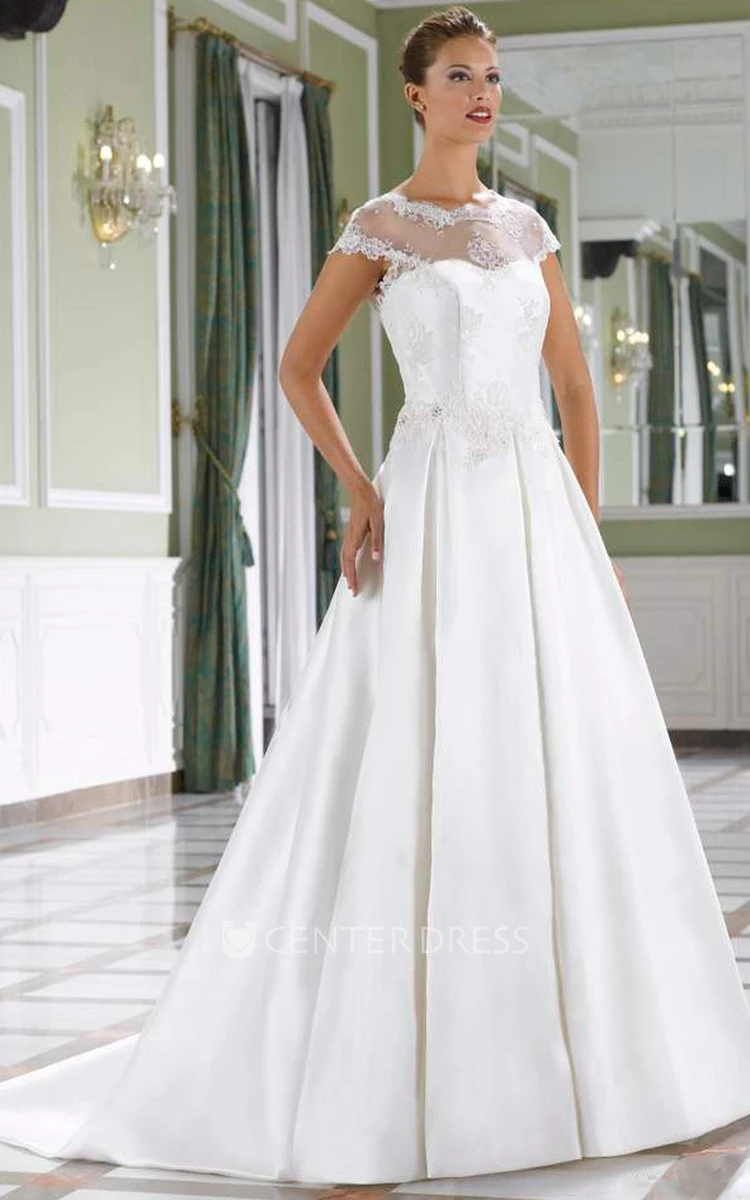 A-Line Scoop-Neck Cap-Sleeve Floor-Length Satin Wedding Dress With Appliques And V Back
