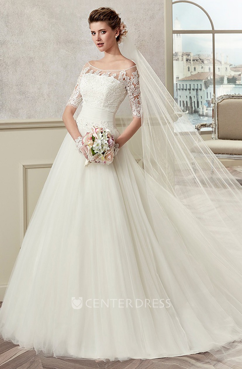Half-Sleeve A-Line Bridal Gown With Off ...